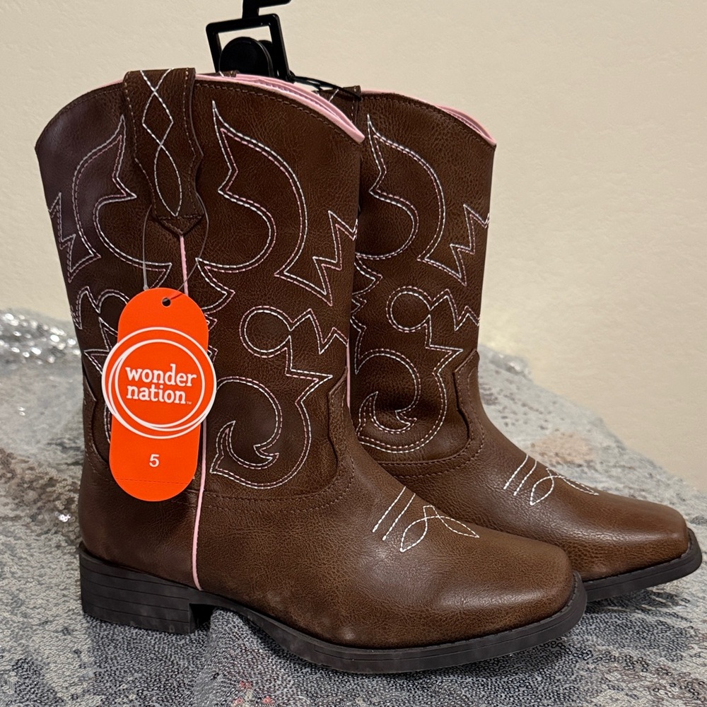 Wonder Nation Brown Cowboy  Boots with Pink Trim